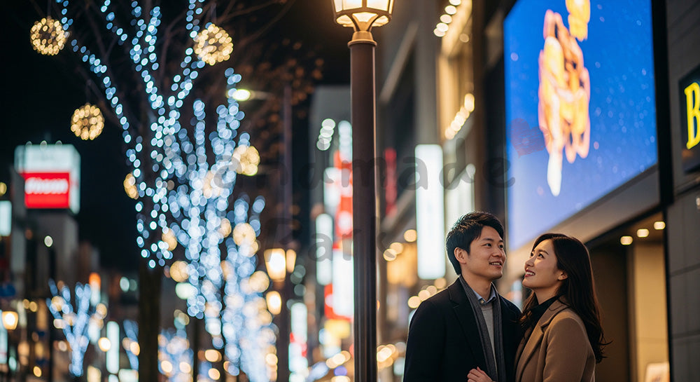 フリー素材 無料 写真|夜のイルミネーションを見上げる日本人カップルのデート風景 写真背景