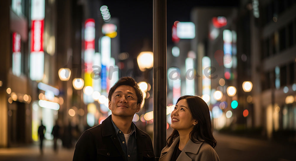 フリー素材 無料 写真|夜のイルミネーションを見上げる日本人カップルのデート風景 背景素材