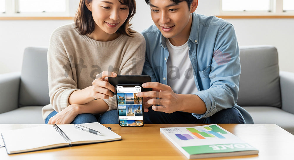 フリー素材 無料 写真|リビングでスマホを見ながら旅行計画を立てる日本人カップル 写真背景