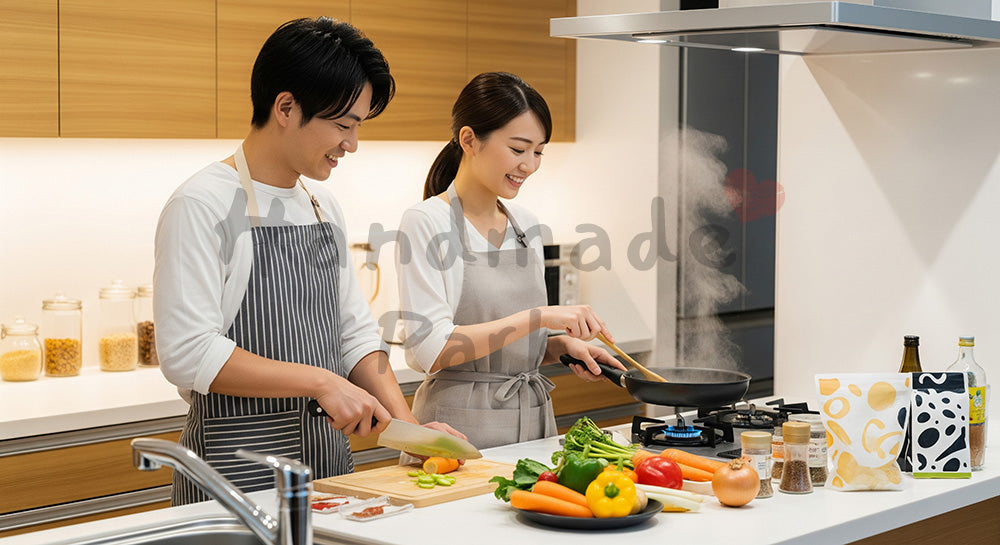 フリー素材 無料 写真|一緒に夕食を作る日本人カップルのキッチンシーン 写真背景