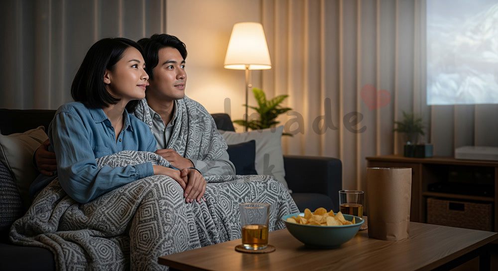 フリー素材 無料 写真|ソファで映画鑑賞を楽しむ日本人カップルの夜のリビング 余白あり