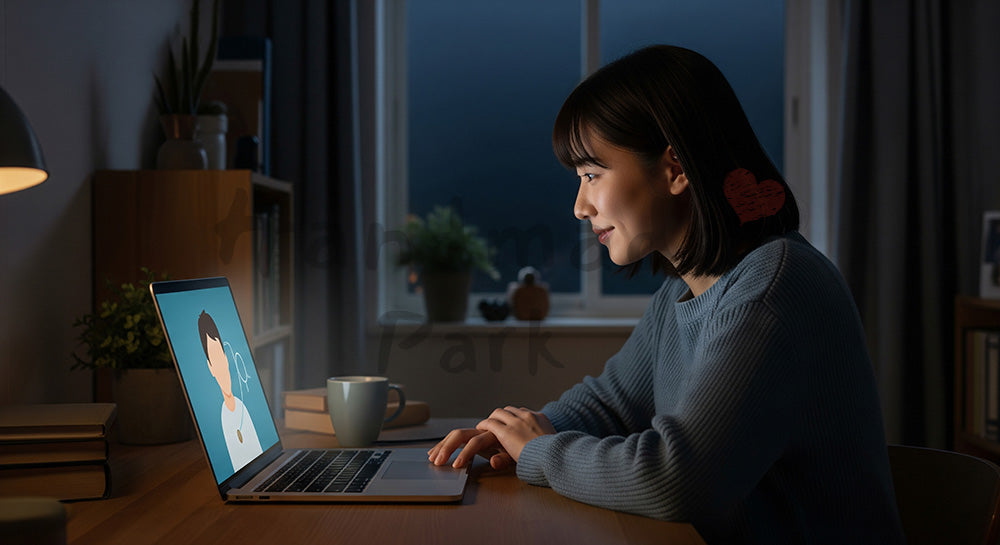 フリー素材 無料 写真|ビデオ通話で遠距離恋愛のパートナーと話す日本人女性 余白あり