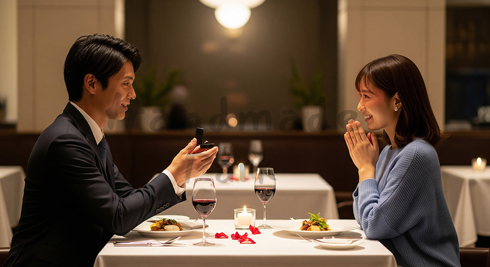フリー素材 無料 写真|レストランで指輪のケースを差し出す日本人男性と驚く女性のプロポーズシーン(表現1)