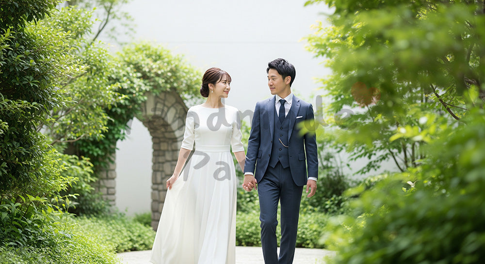 フリー素材 無料 写真|ガーデンで手をつないで歩く日本人新郎新婦のイメージ(表現2)
