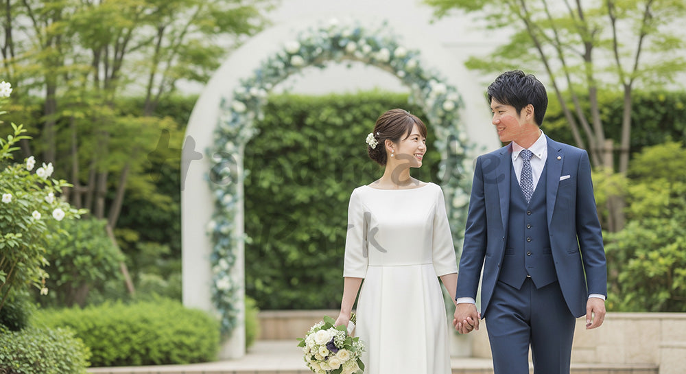 フリー素材 無料 写真|ガーデンで手をつないで歩く日本人新郎新婦のイメージ(表現1)
