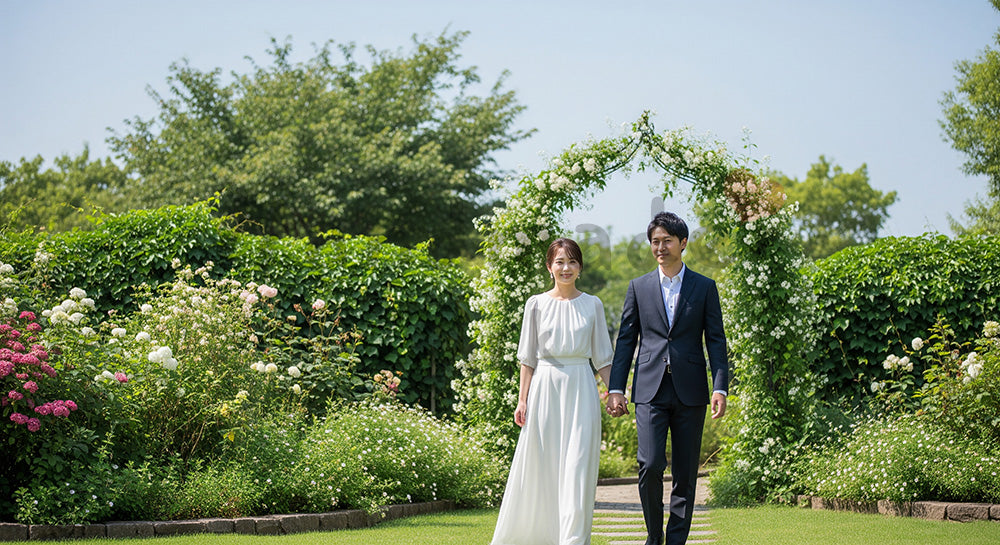 フリー素材 無料 写真|ガーデンで手をつないで歩く日本人新郎新婦のイメージ コピースペースあり