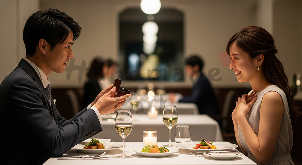 フリー素材 無料 写真|レストランで指輪のケースを差し出す日本人男性と驚く女性のプロポーズシーン 写真背景