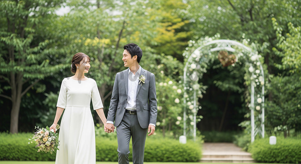フリー素材 無料 写真|ガーデンで手をつないで歩く日本人新郎新婦のイメージ 余白あり