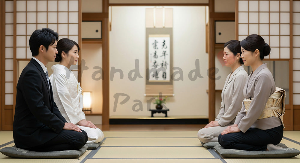 フリー素材 無料 写真|和室で結婚の挨拶をする日本人カップルと親世代