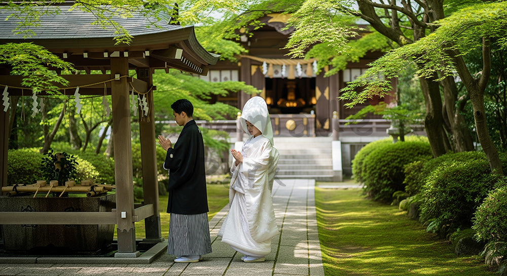 フリー素材 無料 写真|神社の手水舎付近で参拝する和装の日本人カップルの結婚イメージ 背景素材