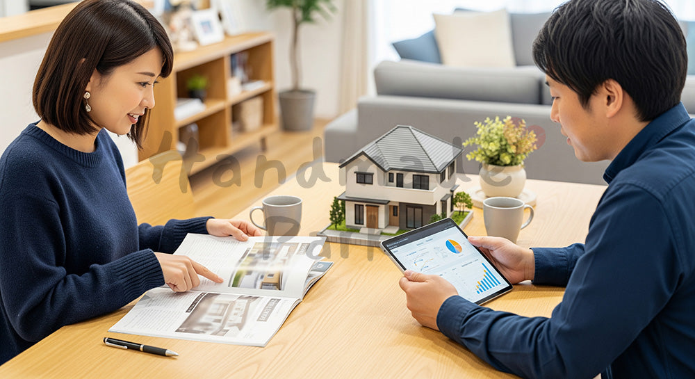 フリー素材 無料 写真|住宅情報誌とタブレットを見ながらマイホームについて話し合う日本人カップル 余白あり