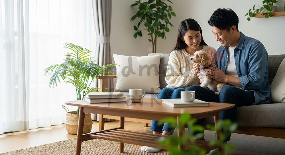 フリー素材 無料 写真|ペットと一緒にソファでくつろぐ日本人カップル 余白あり