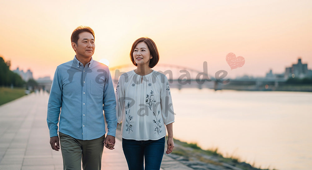 フリー素材 無料 写真|夕暮れの河川敷を並んで歩く中高年の日本人夫婦 余白あり