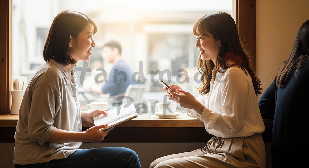 フリー素材 無料 写真|カフェで次の休日の予定を話し合う日本人女性同士のカップル 余白あり