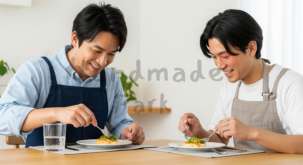 フリー素材 無料 写真|自宅のダイニングで一緒に料理を盛り付ける日本人男性カップル 写真背景