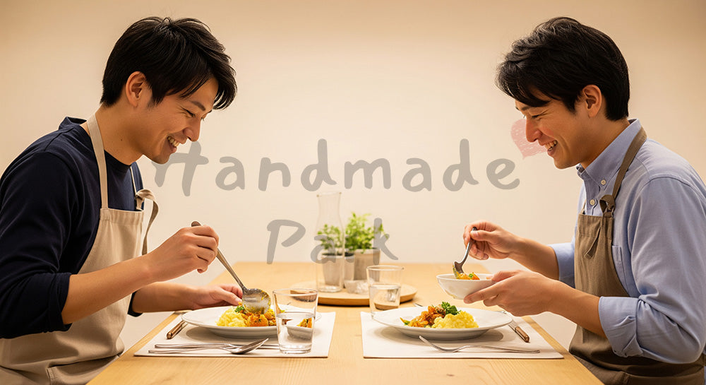 フリー素材 無料 写真|自宅のダイニングで一緒に料理を盛り付ける日本人男性カップル 背景素材