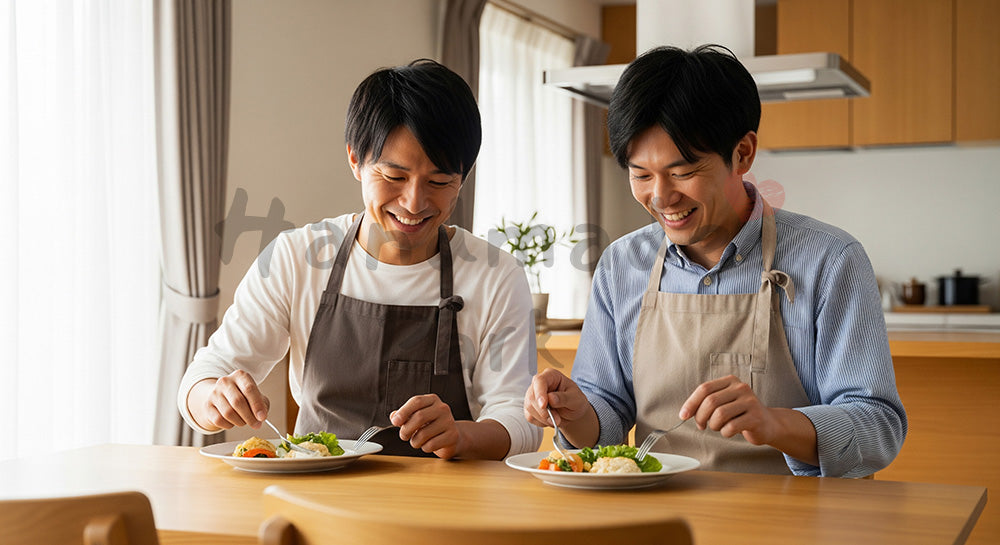 フリー素材 無料 写真|自宅のダイニングで一緒に料理を盛り付ける日本人男性カップル