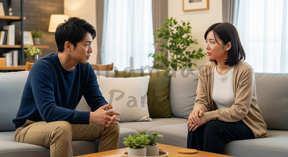 フリー素材 無料 写真|ソファで冷静に話し合い、関係を見直す日本人カップル 背景素材