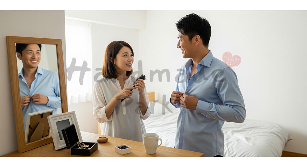フリー素材 無料 写真|朝の身支度をしながら会話する日本人カップルのベッドルーム手前シーン 余白あり