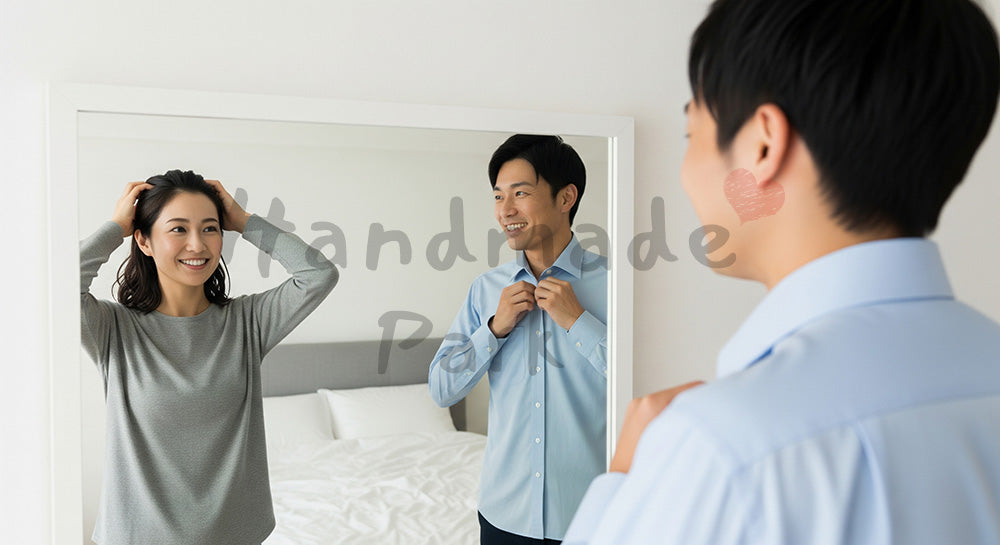 フリー素材 無料 写真|朝の身支度をしながら会話する日本人カップルのベッドルーム手前シーン 写真背景