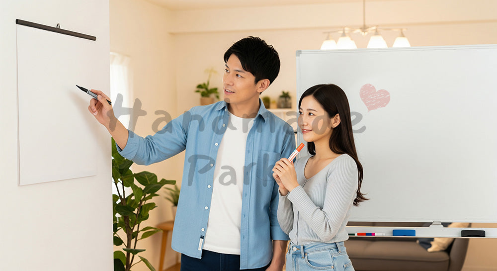 フリー素材 無料 写真|カレンダーを見ながら将来の予定や家族計画を話し合う日本人カップル(表現3)