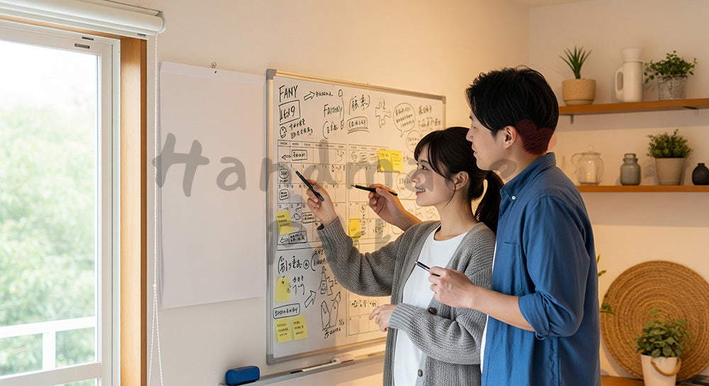 フリー素材 無料 写真|カレンダーを見ながら将来の予定や家族計画を話し合う日本人カップル コピースペースあり