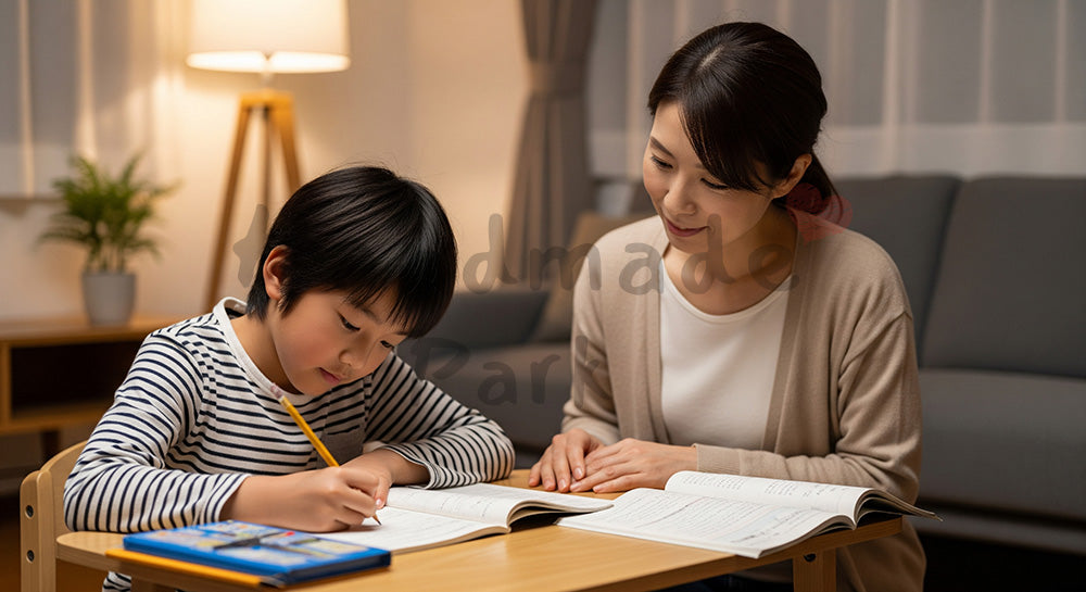 フリー素材 無料 写真|リビングで宿題をする子どもを見守る日本人母親の家庭学習シーン(表現3)