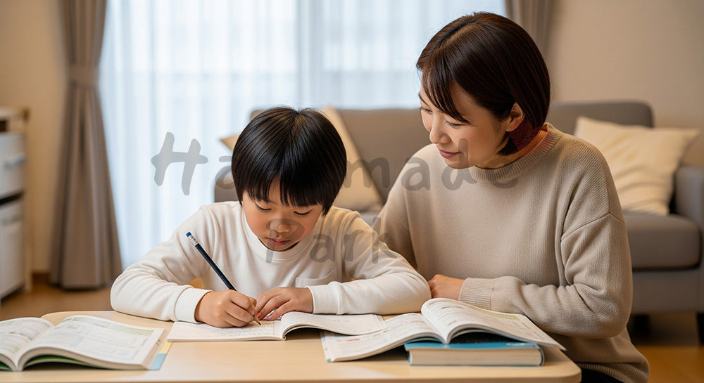 フリー素材 無料 写真|リビングで宿題をする子どもを見守る日本人母親の家庭学習シーン コピースペースあり