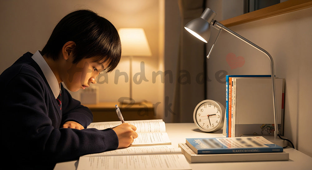 フリー素材 無料 写真|自室のデスクで受験勉強に集中する日本人中学生の学習シーン(表現1)