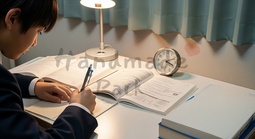 フリー素材 無料 写真|自室のデスクで受験勉強に集中する日本人中学生の学習シーン 余白あり