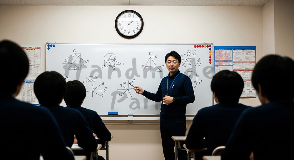フリー素材 無料 写真|ホワイトボードを使って授業をする日本人予備校講師と生徒の教室シーン 余白あり