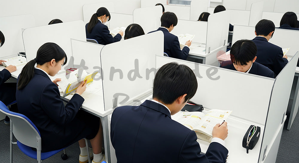 フリー素材 無料 写真|仕切り付き自習室で黙々と勉強する日本人高校生たちの学習風景 写真背景
