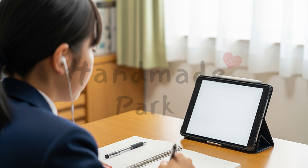 フリー素材 無料 写真|タブレットでオンライン授業を受ける日本人中高生の自宅学習シーン(表現6)