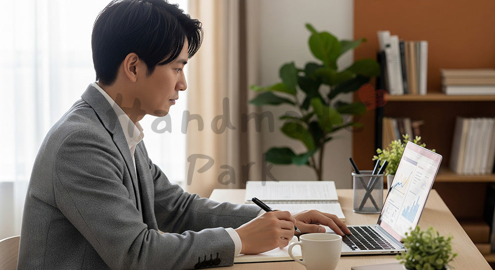 フリー素材 無料 写真|ノートPCでオンライン講座を受講する日本人社会人の自己啓発学習シーン(表現7)