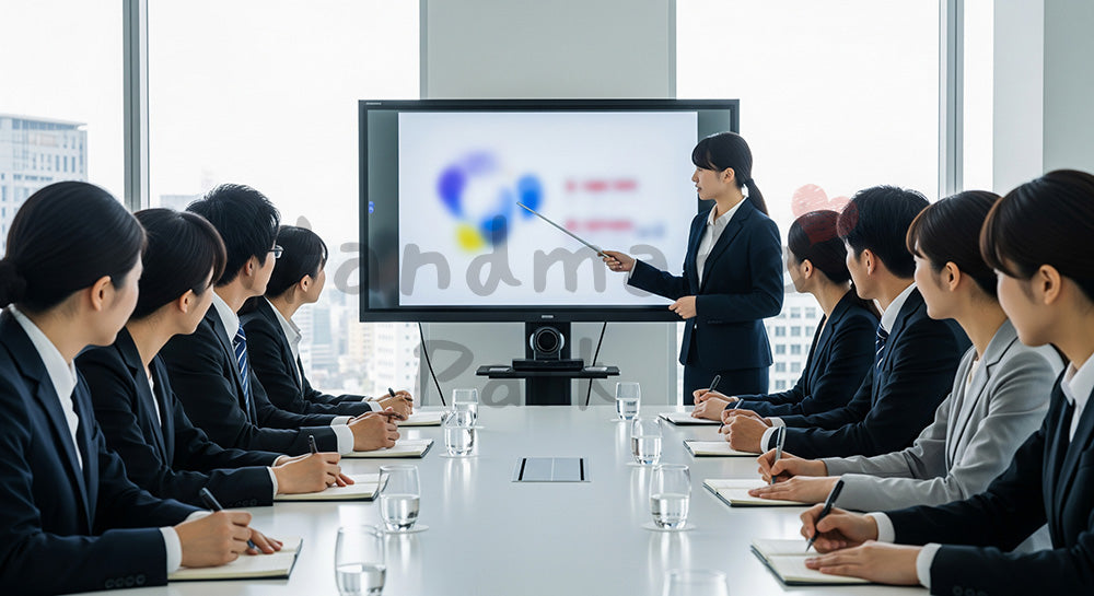 フリー素材 無料 写真|スクリーンを使った社内研修を受ける日本人ビジネスパーソンの学習シーン(表現5)