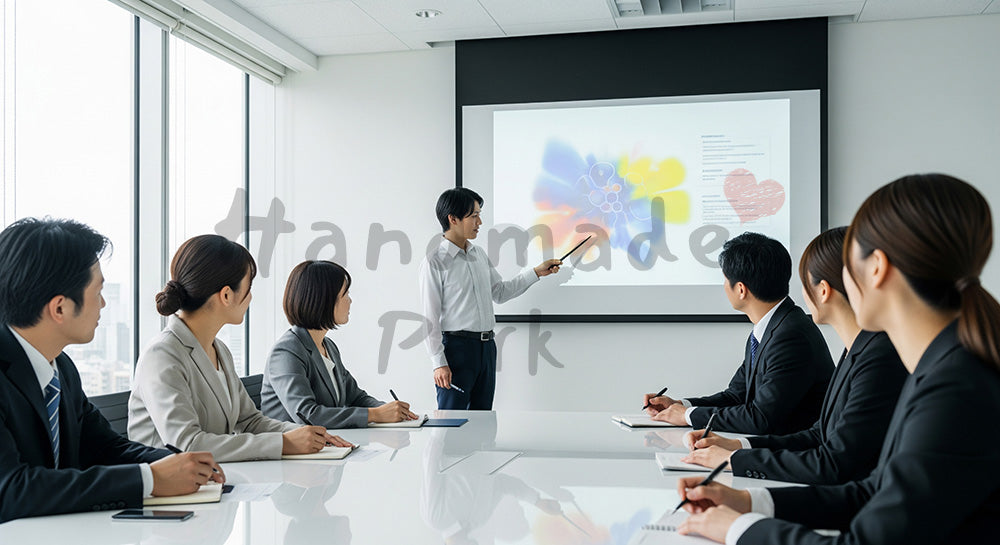 フリー素材 無料 写真|スクリーンを使った社内研修を受ける日本人ビジネスパーソンの学習シーン(表現4)