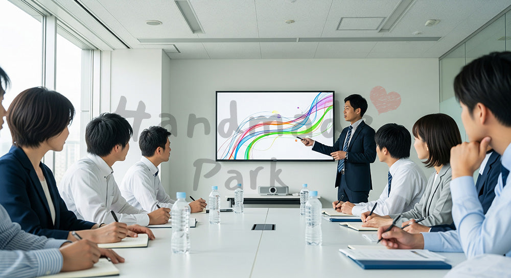 フリー素材 無料 写真|スクリーンを使った社内研修を受ける日本人ビジネスパーソンの学習シーン コピースペースあり