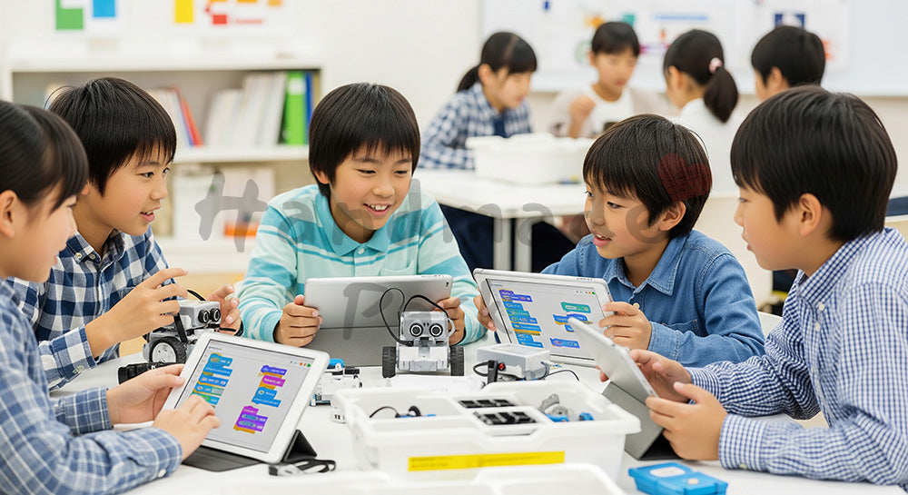 フリー素材 無料 写真|ロボットとタブレットを使って学ぶ日本人の子どもたちのSTEM教育シーン(表現1)