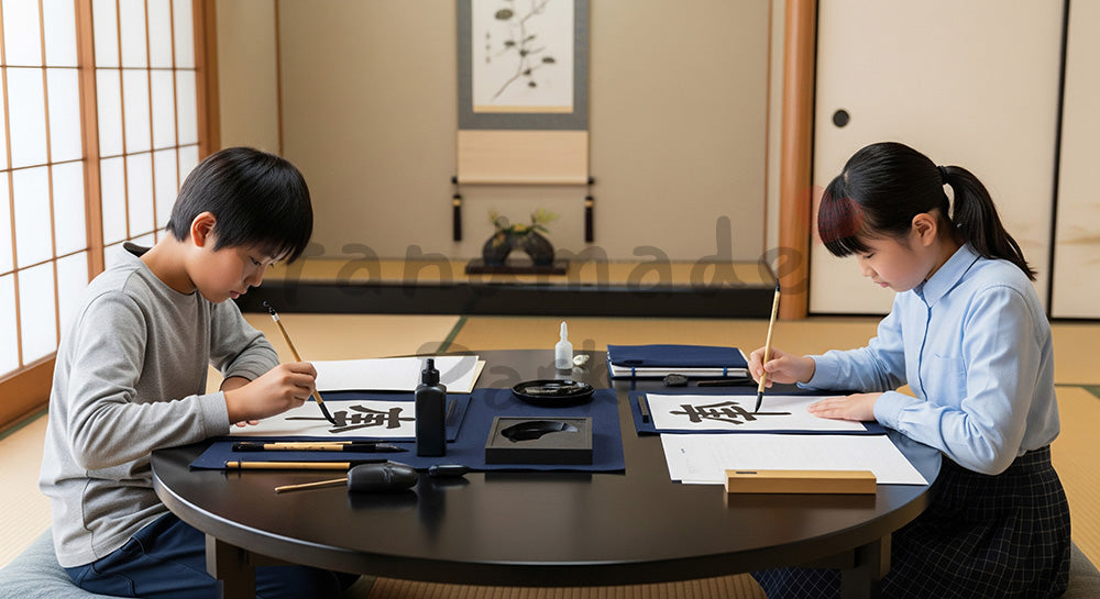 フリー素材 無料 写真|和室で半紙に向かい書道の宿題をする日本人小中学生の学習シーン(表現1)