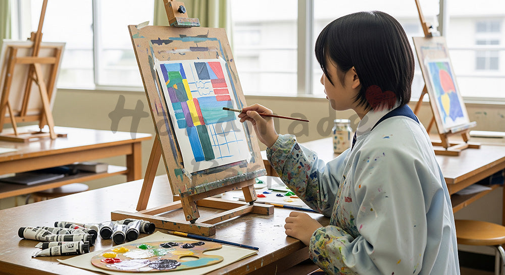 フリー素材 無料 写真|美術室でキャンバスに向かって絵を描く日本人高校生のアート学習