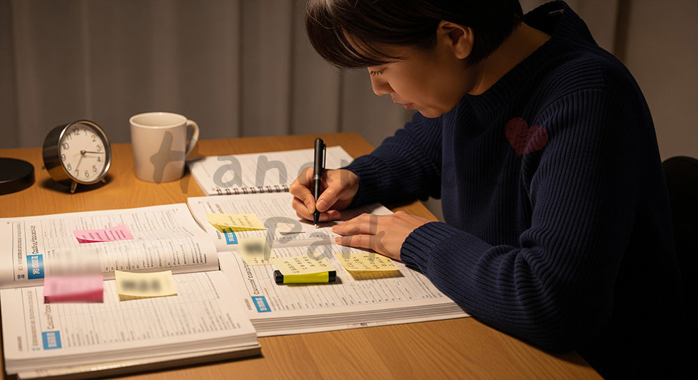 フリー素材 無料 写真|資格試験テキストと問題集で夜に独学する日本人社会人の学習シーン 背景素材