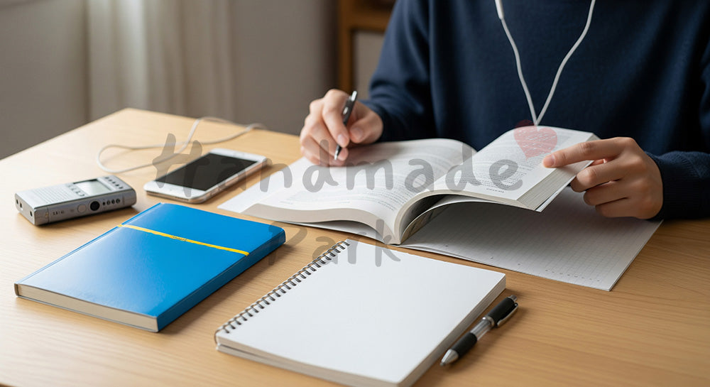 フリー素材 無料 写真|ヘッドホンで英語音声を聞きながらテキストで勉強する日本人学習者 写真背景