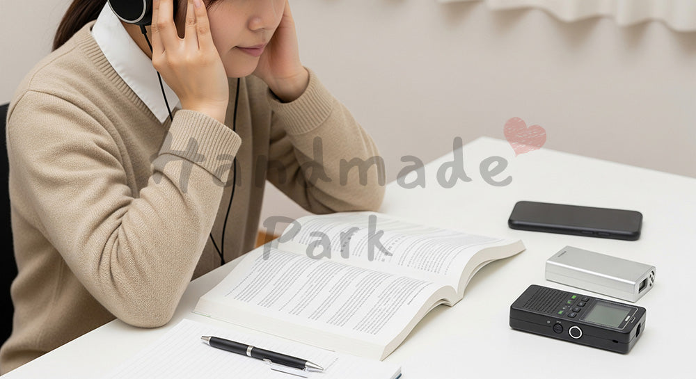 フリー素材 無料 写真|ヘッドホンで英語音声を聞きながらテキストで勉強する日本人学習者 背景素材