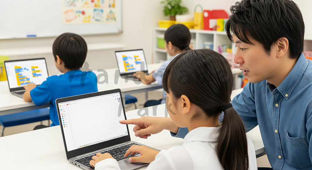 フリー素材 無料 写真|子ども向けプログラミング教室でPC画面を操作する日本人小学生と講師 背景素材