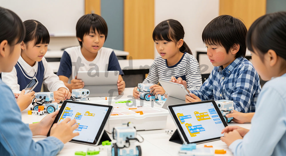 フリー素材 無料 写真|ロボットとタブレットを使って学ぶ日本人の子どもたちのSTEM教育シーン 余白あり
