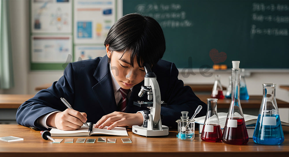 フリー素材 無料 写真|理科室で顕微鏡観察を行う日本人中学生の理科実験シーン 写真背景