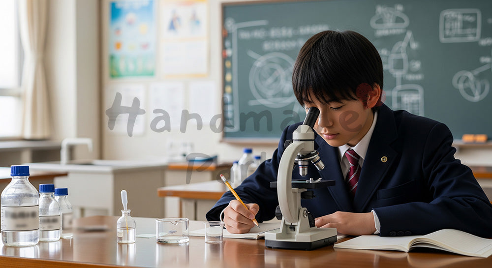 フリー素材 無料 写真|理科室で顕微鏡観察を行う日本人中学生の理科実験シーン 背景素材