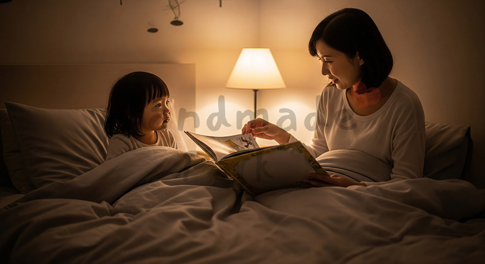 フリー素材 無料 写真|寝室で絵本の読み聞かせをする日本人母親と子どものナイトタイム学習 余白あり