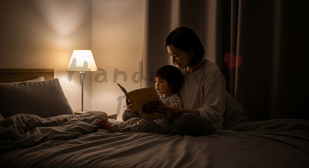 フリー素材 無料 写真|寝室で絵本の読み聞かせをする日本人母親と子どものナイトタイム学習