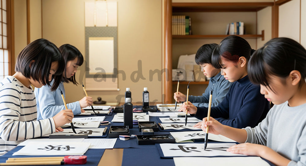 フリー素材 無料 写真|和室で半紙に向かい書道の宿題をする日本人小中学生の学習シーン